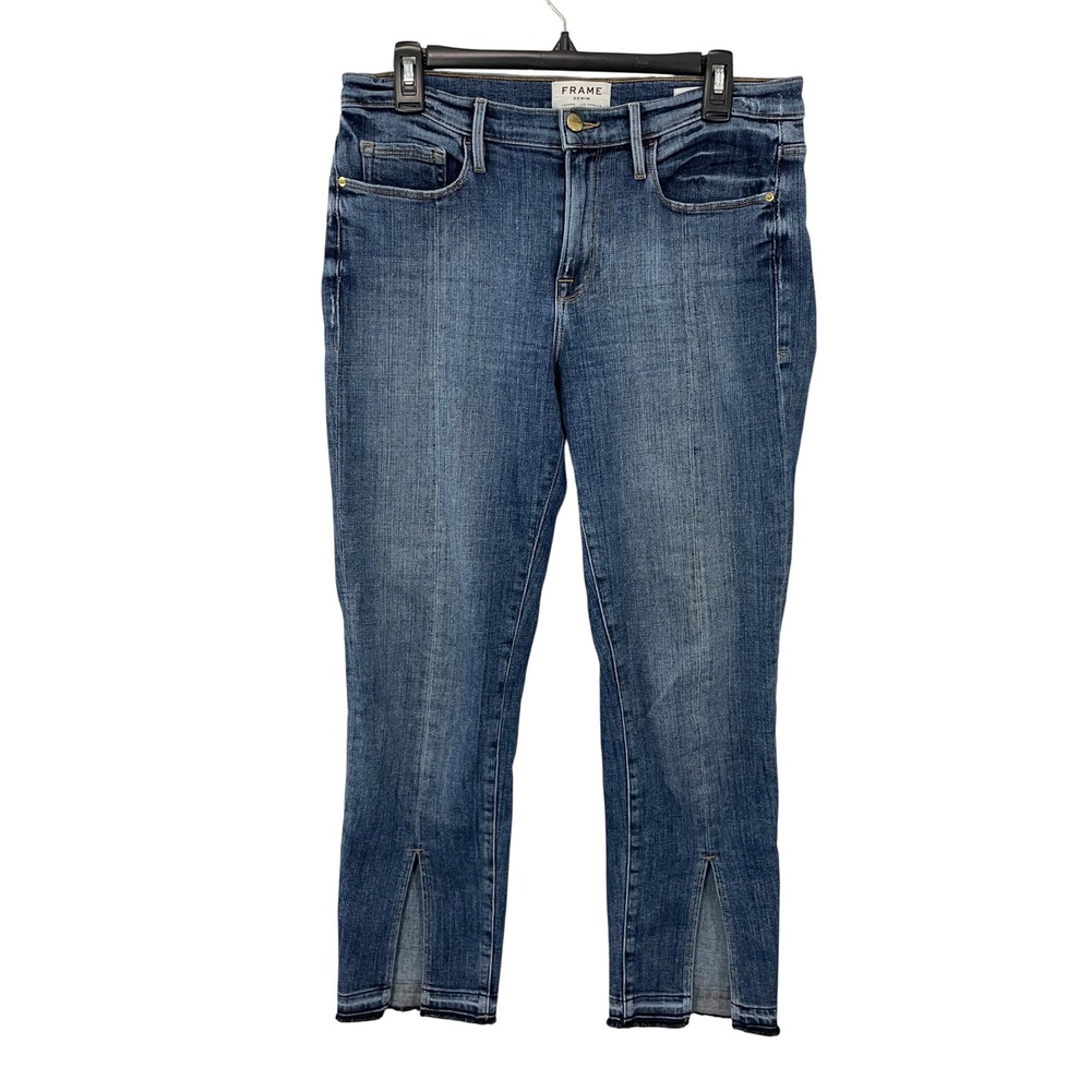 FRAME Le Nouveau Straight Jeans Women Size29 Blue Wash High Rise Split Raw Hem - Picture 3 of 12